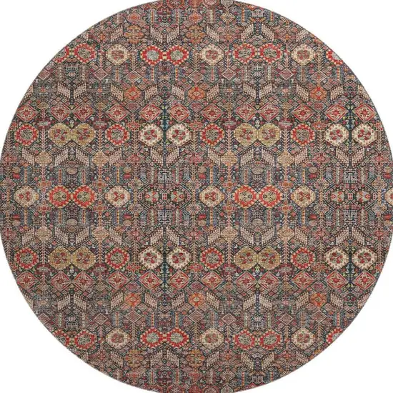 8' Red Gold And Gray Tribal Washable Round Rug With UV Protection Photo 3