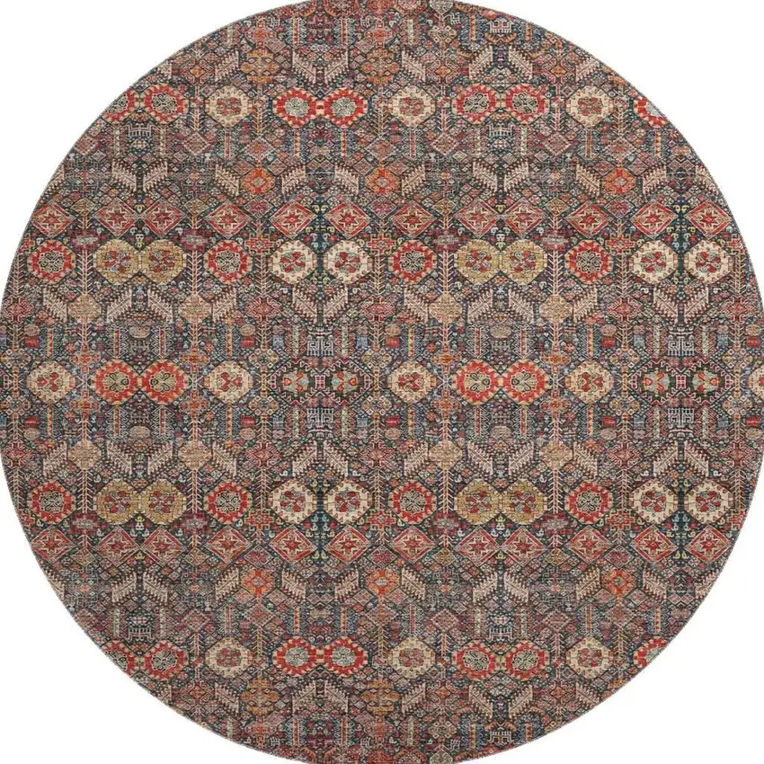 8' Red Gold And Gray Tribal Washable Round Rug With UV Protection Photo 3