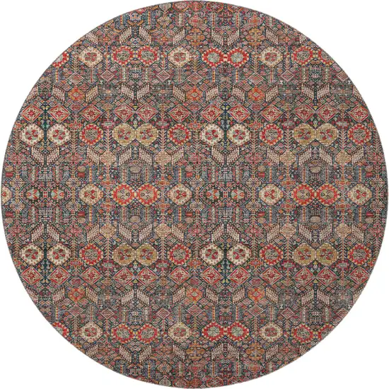 8' Red Gold And Gray Tribal Washable Round Rug With UV Protection Photo 4