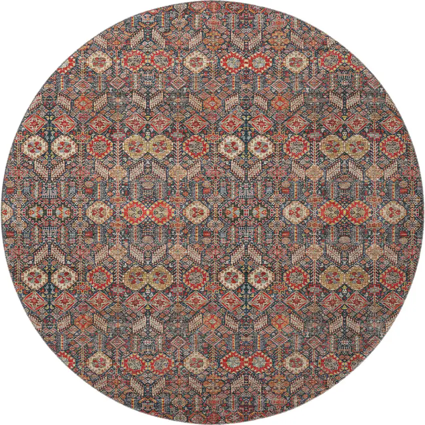 8' Red Gold And Gray Tribal Washable Round Rug With UV Protection Photo 4