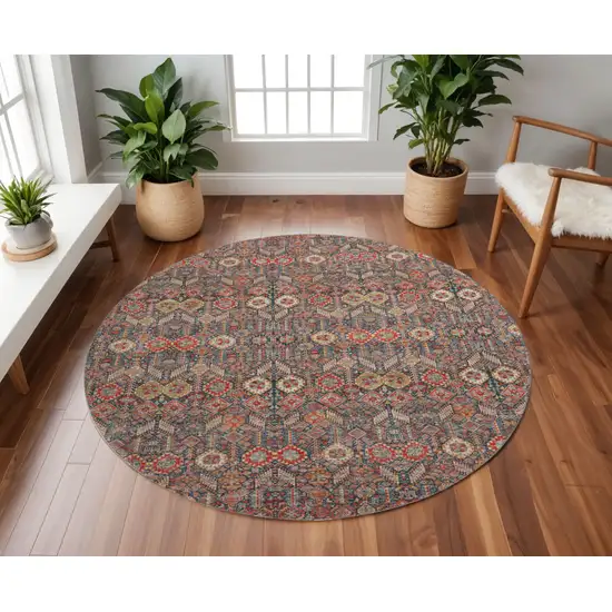 8' Red Gold And Gray Tribal Washable Round Rug With UV Protection Photo 2