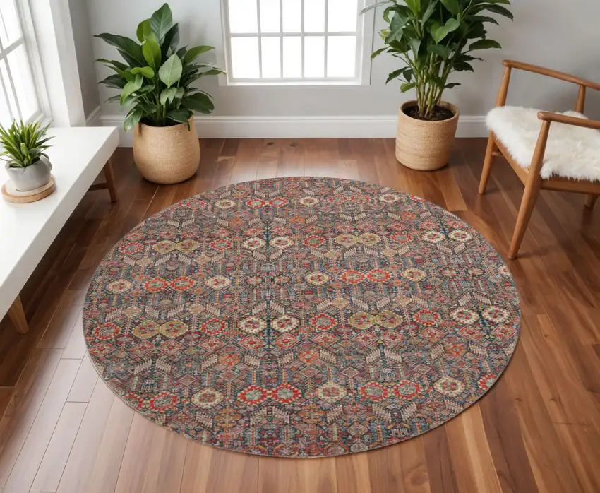 8' Red Gold And Gray Tribal Washable Round Rug With UV Protection Photo 2