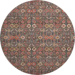 Photo of 8' Red Gold And Gray Tribal Washable Round Rug With UV Protection