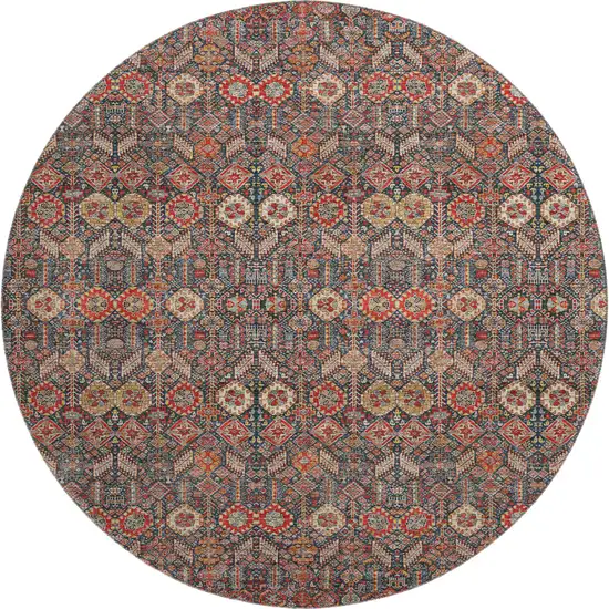 8' Red Gold And Gray Tribal Washable Round Rug With UV Protection Photo 1