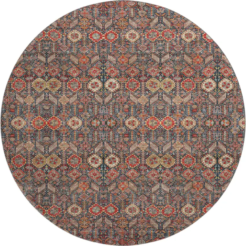 8' Red Gold And Gray Tribal Washable Round Rug With UV Protection Photo 1