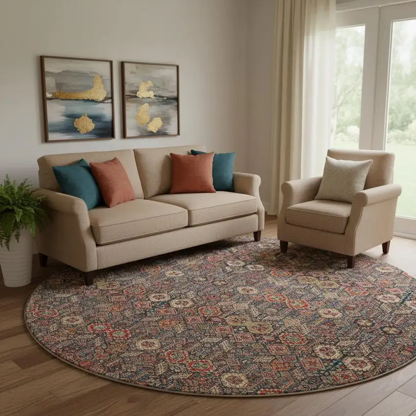 8' Red Gold And Gray Tribal Washable Round Rug With UV Protection Photo 1