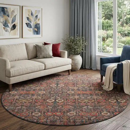 8' Red Gold And Gray Tribal Washable Round Rug With UV Protection Photo 1