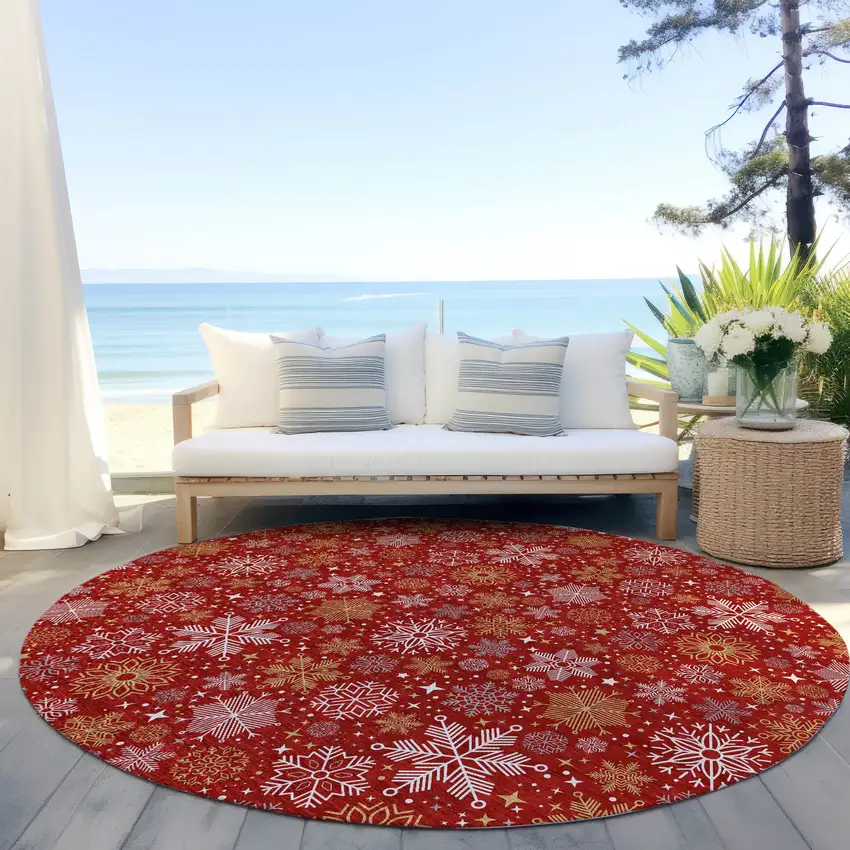 8' Red Gold And Ivory Round Medallion Washable Indoor Outdoor Area Rug Photo 5