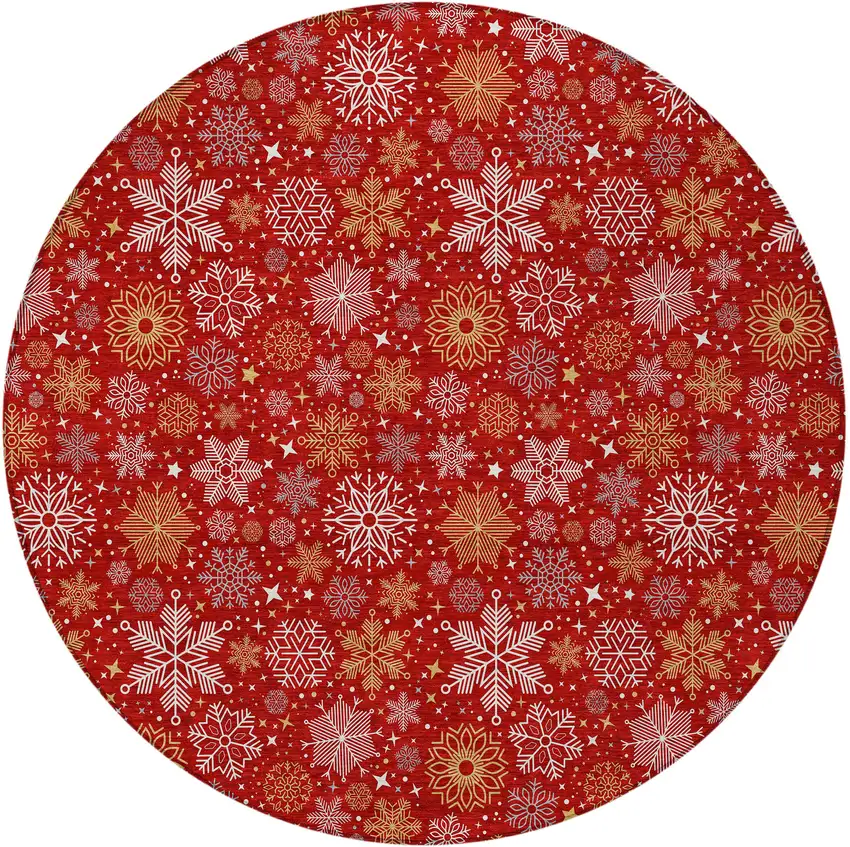 8' Red Gold And Ivory Round Medallion Washable Indoor Outdoor Area Rug Photo 3