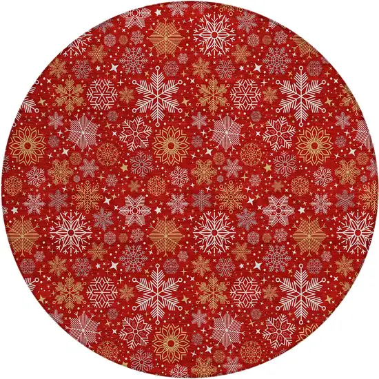 8' Red Gold And Ivory Round Medallion Washable Indoor Outdoor Area Rug Photo 1