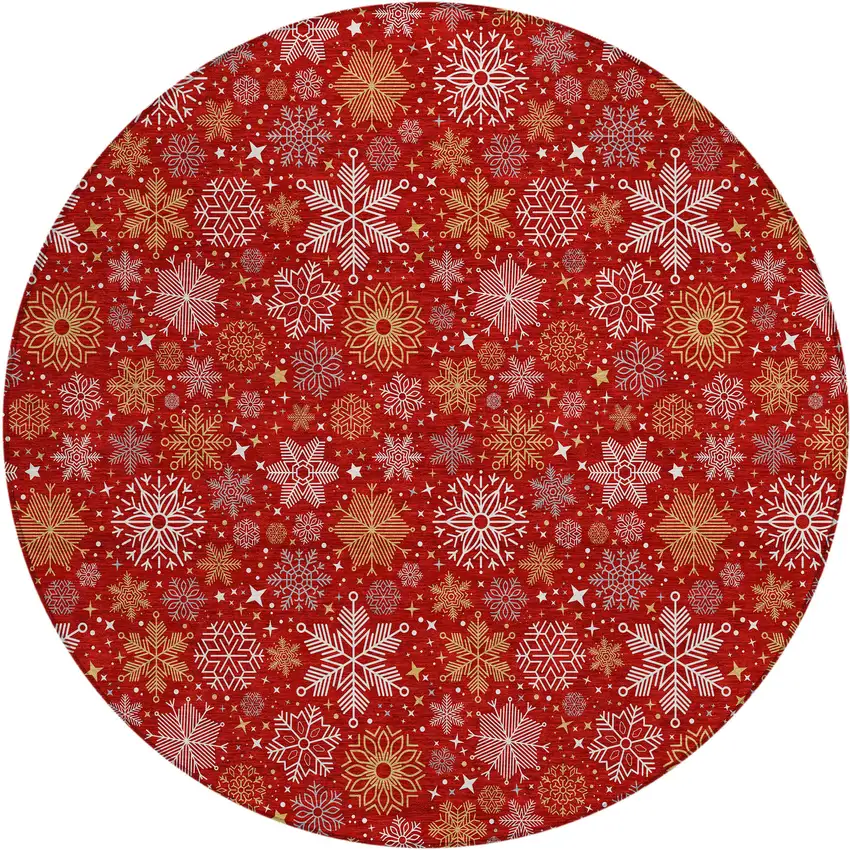 8' Red Gold And Ivory Round Medallion Washable Indoor Outdoor Area Rug Photo 1
