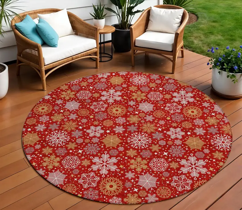 8' Red Gold And Ivory Round Medallion Washable Indoor Outdoor Area Rug Photo 2