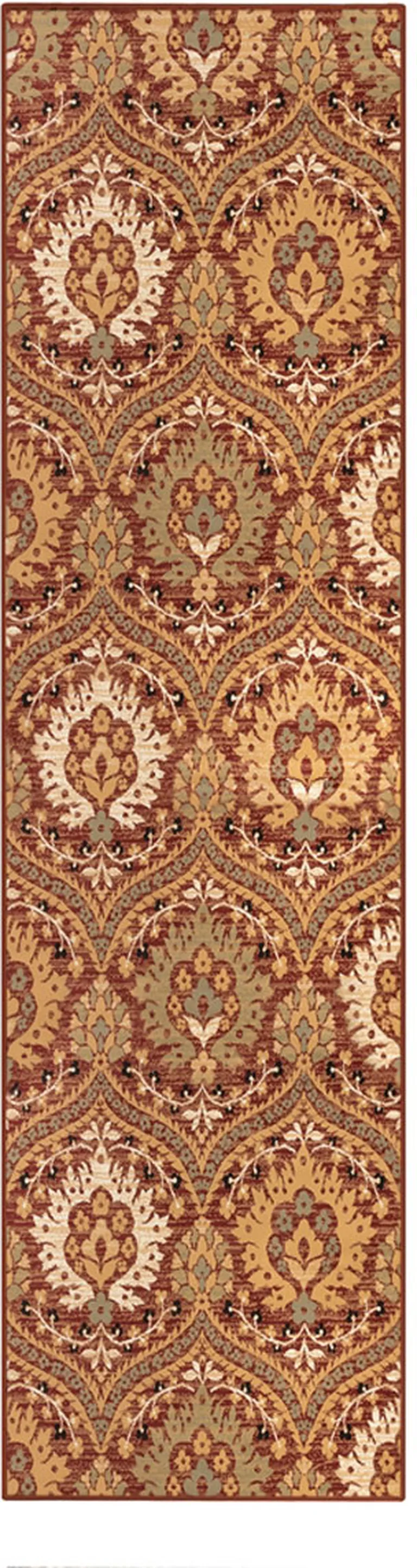 8' Red Gold And Olive Floral Stain Resistant Runner Rug Photo 1