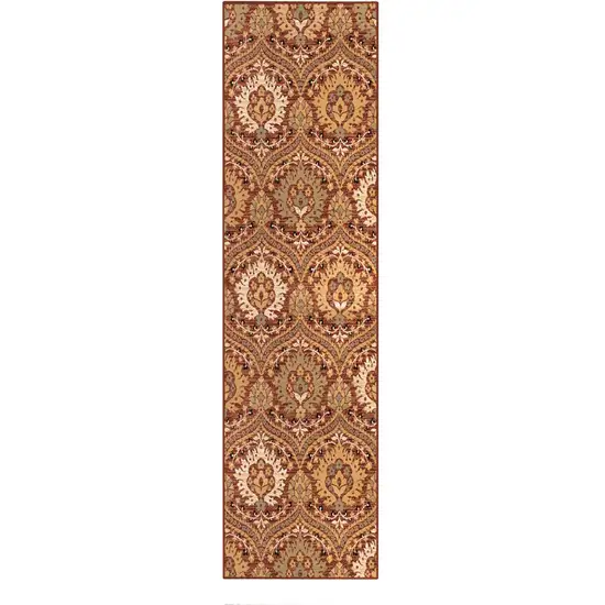 8' Red Gold And Olive Floral Stain Resistant Runner Rug Photo 1