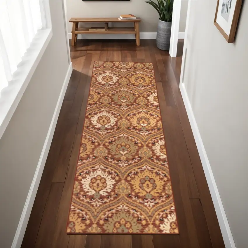 8' Red And Gold Floral Runner Rug Photo 1