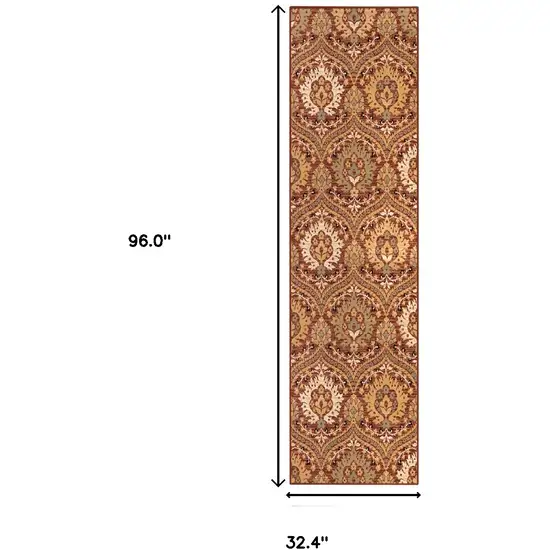 8' Red Gold And Olive Floral Stain Resistant Runner Rug Photo 6
