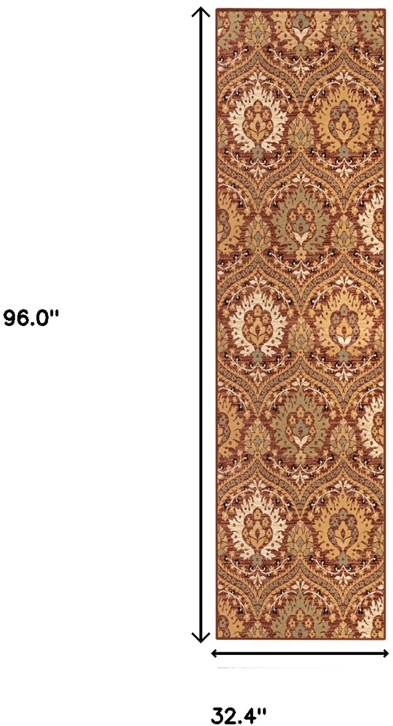 8' Red Gold And Olive Floral Stain Resistant Runner Rug Photo 5