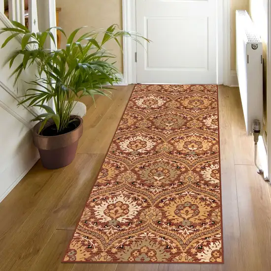 8' Red Gold And Olive Floral Stain Resistant Runner Rug Photo 2