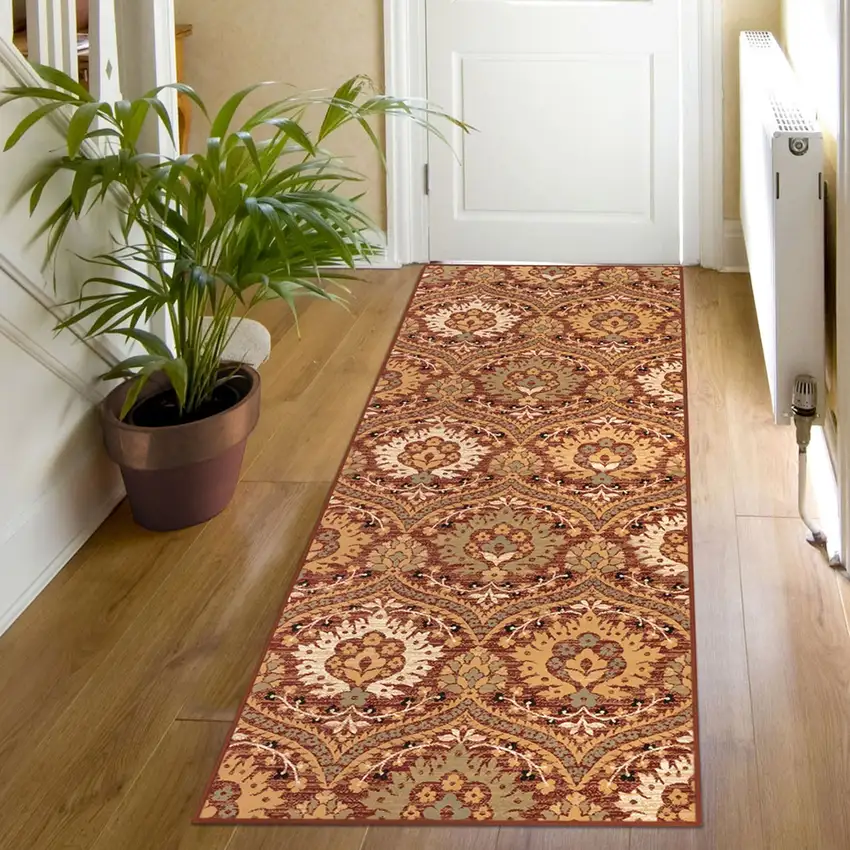8' Red Gold And Olive Floral Stain Resistant Runner Rug Photo 2