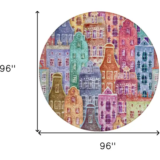 8' Red Gold And Teal Blue Round Village Houses Washable Indoor Outdoor Area Rug Photo 3