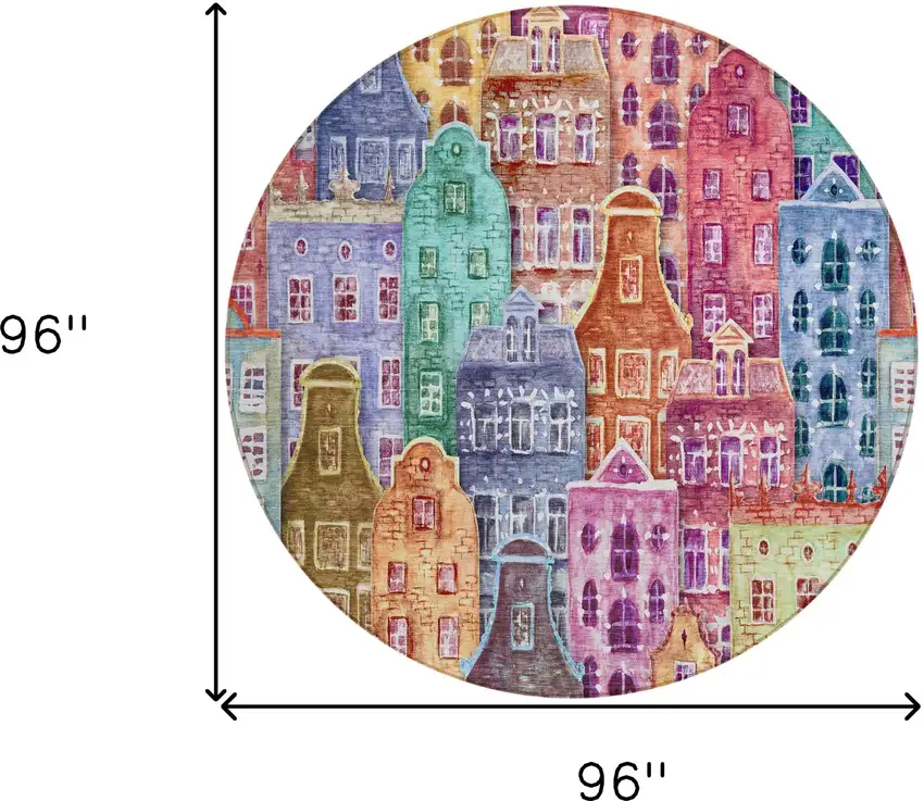 8' Red Gold And Teal Blue Round Village Houses Washable Indoor Outdoor Area Rug Photo 3