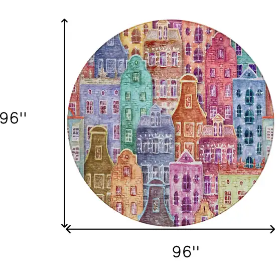 8' Red Gold And Teal Blue Round Village Houses Washable Indoor Outdoor Area Rug Photo 3