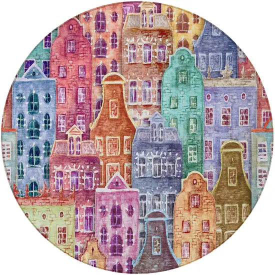 8' Red Gold And Teal Blue Round Village Houses Washable Indoor Outdoor Area Rug Photo 7