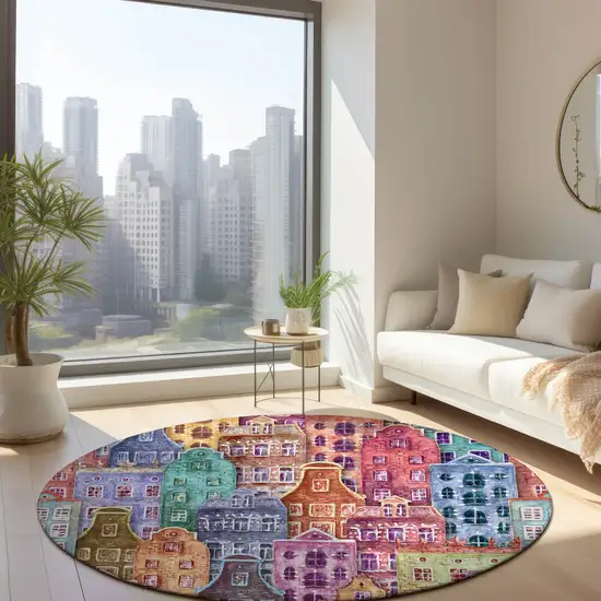 8' Red Gold And Teal Blue Round Village Houses Washable Indoor Outdoor Area Rug Photo 9