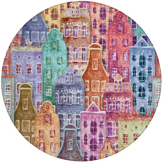 8' Red Gold And Teal Blue Round Village Houses Washable Indoor Outdoor Area Rug Photo 2