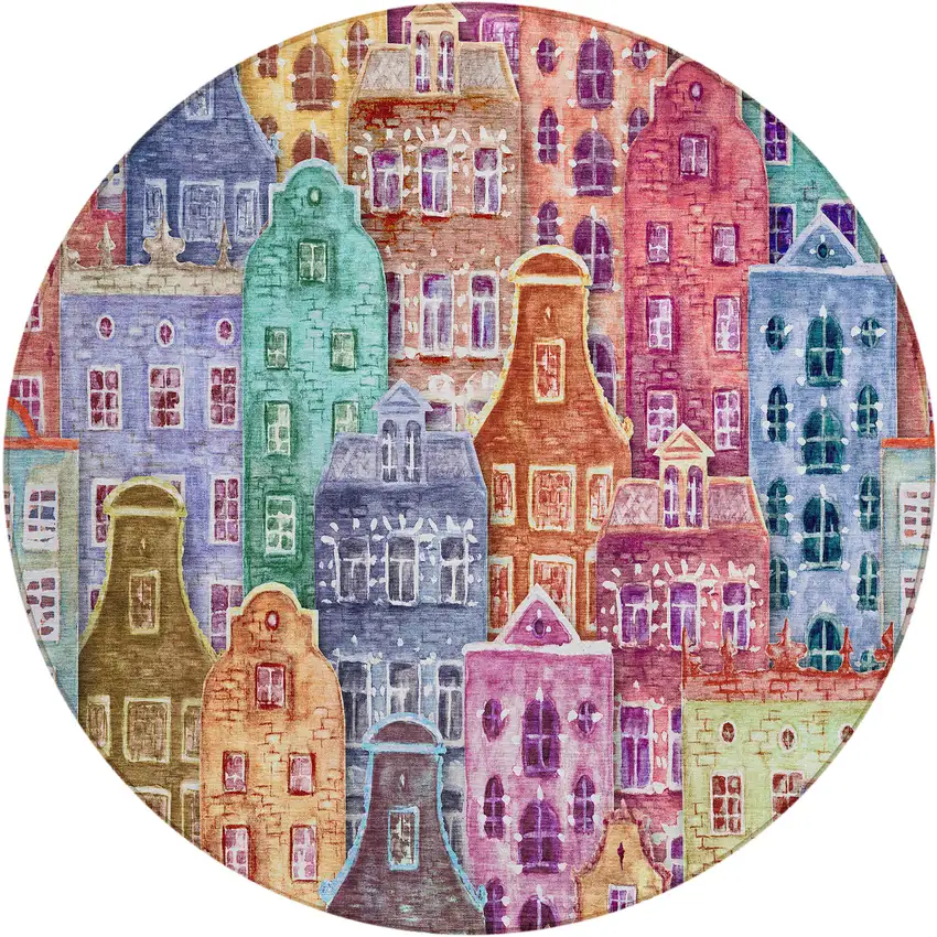 8' Red Gold And Teal Blue Round Village Houses Washable Indoor Outdoor Area Rug Photo 2