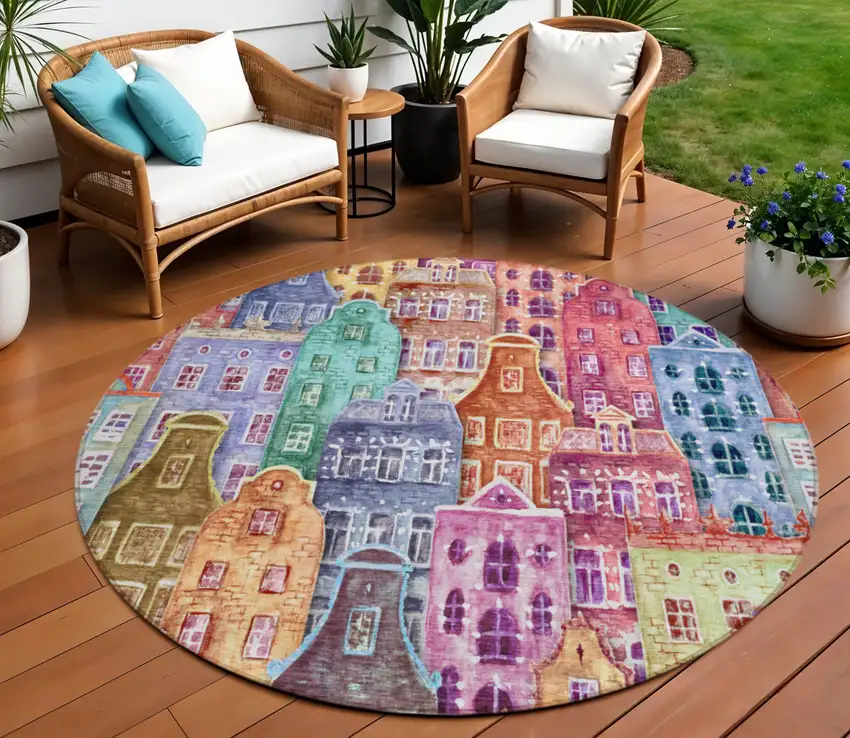 8' Red Gold And Teal Blue Round Village Houses Washable Indoor Outdoor Area Rug Photo 1