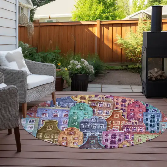 8' Red Gold And Teal Blue Round Village Houses Washable Indoor Outdoor Area Rug Photo 8