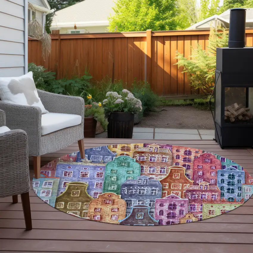 8' Red Gold And Teal Blue Round Village Houses Washable Indoor Outdoor Area Rug Photo 8