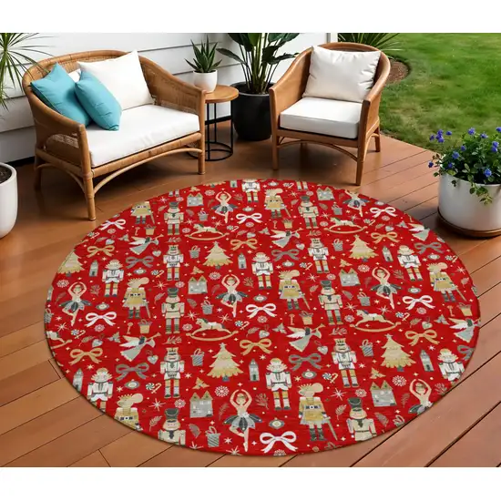 8' Red Gold Black And Gray Round Village Houses Washable Indoor Outdoor Area Rug Photo 2