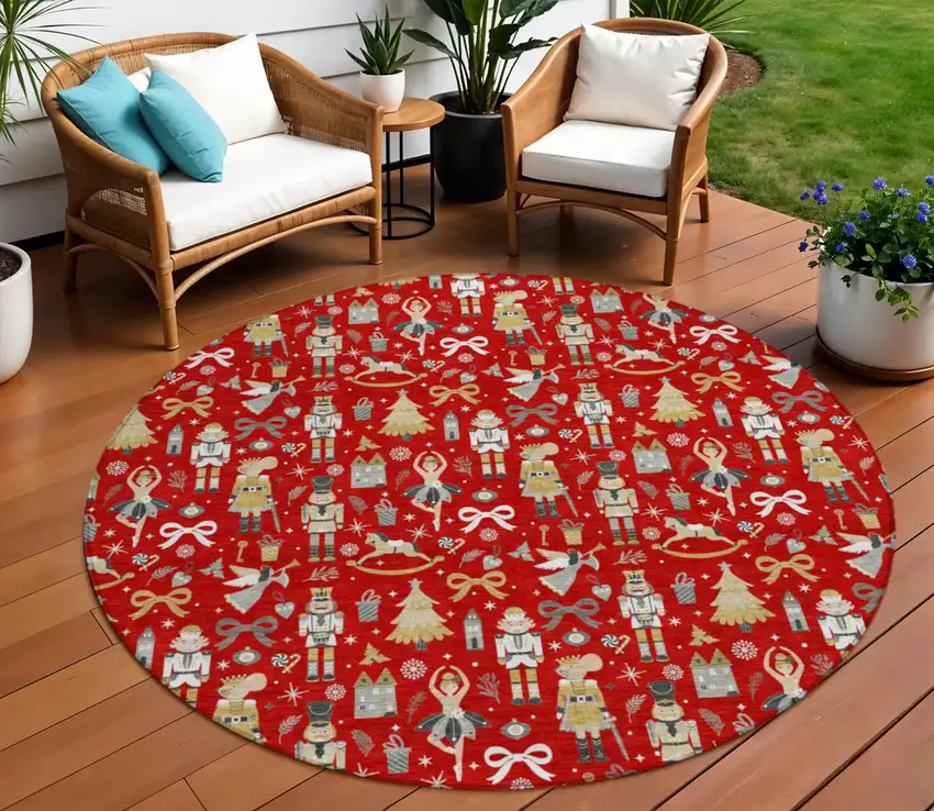 8' Red Gold Black And Gray Round Village Houses Washable Indoor Outdoor Area Rug Photo 2
