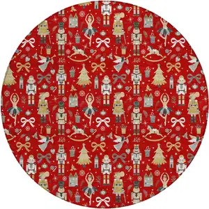 Photo of 8' Red Gold Black And Gray Round Village Houses Washable Indoor Outdoor Area Rug