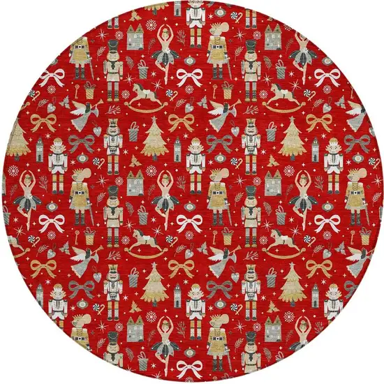 8' Red Gold Black And Gray Round Village Houses Washable Indoor Outdoor Area Rug Photo 4