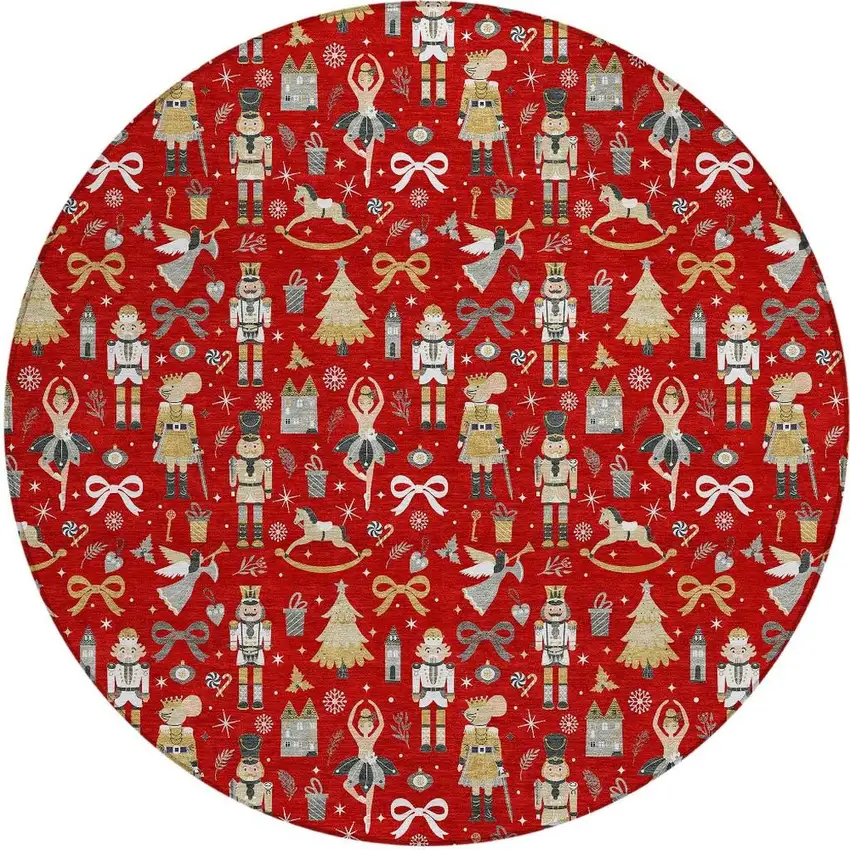 8' Red Gold Black And Gray Round Village Houses Washable Indoor Outdoor Area Rug Photo 4