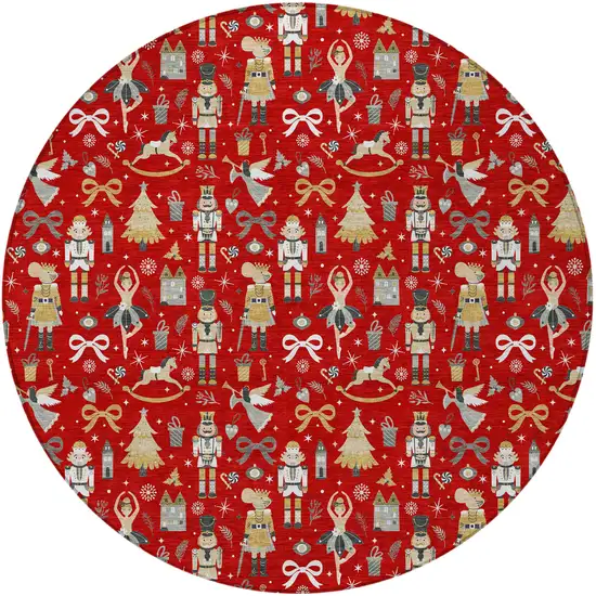 8' Red Gold Black And Gray Round Village Houses Washable Indoor Outdoor Area Rug Photo 3