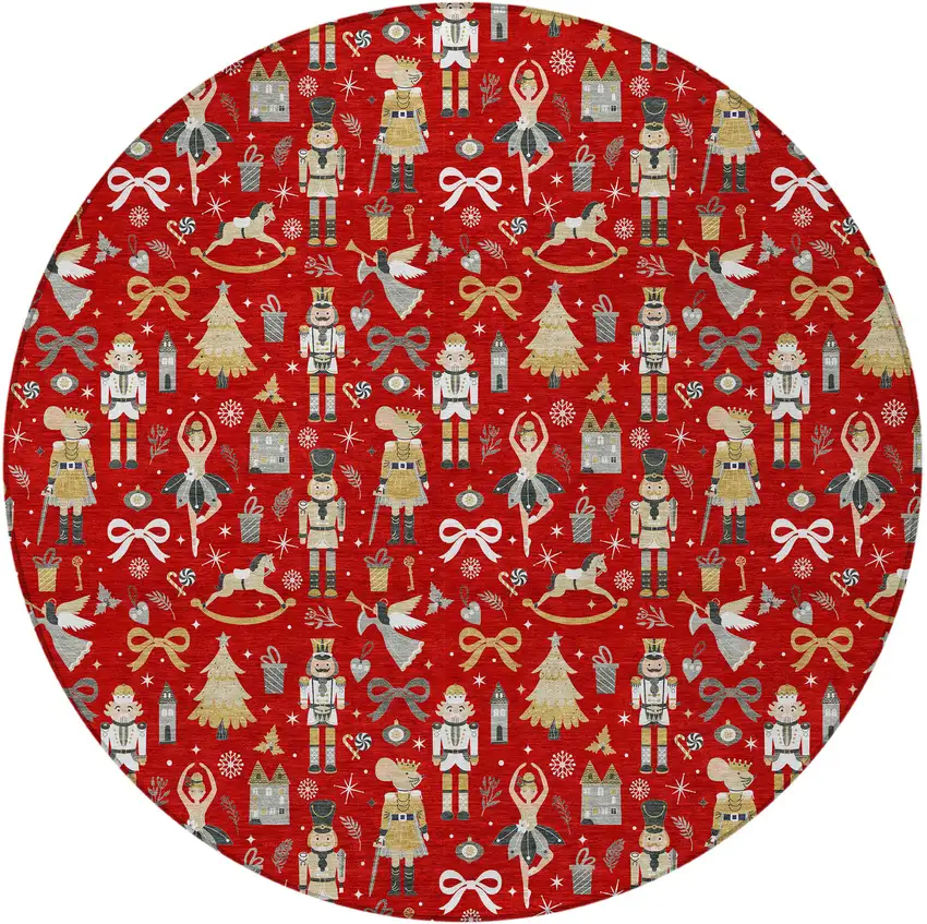 8' Red Gold Black And Gray Round Village Houses Washable Indoor Outdoor Area Rug Photo 3