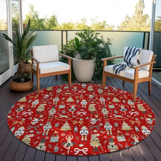 8' Red Gold Black And Gray Round Village Houses Washable Indoor Outdoor Area Rug Photo 5