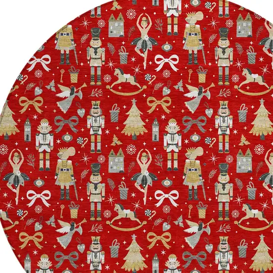 8' Red Gold Black And Gray Round Village Houses Washable Indoor Outdoor Area Rug Photo 7