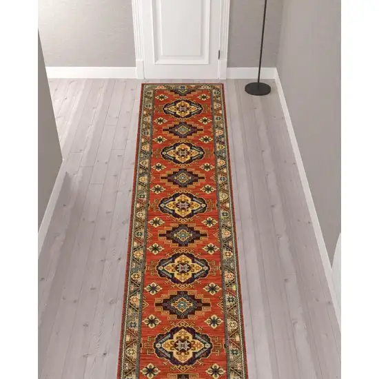 12' Red Gold Blue Brown Oriental Power Loom Runner Rug With Fringe Photo 2
