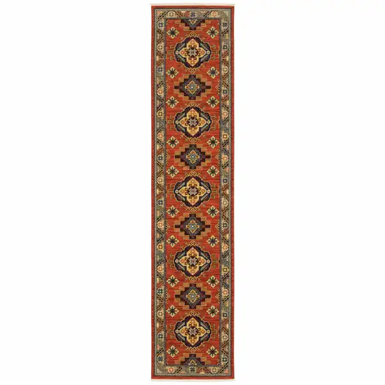 12' Red Gold Blue Brown Oriental Power Loom Runner Rug With Fringe Photo 1