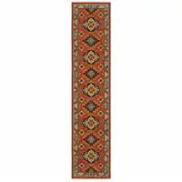 Photo of 12' Red Gold Blue Brown Oriental Power Loom Runner Rug With Fringe