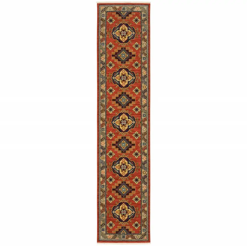 12' Red Gold Blue Brown Oriental Power Loom Runner Rug With Fringe Photo 1