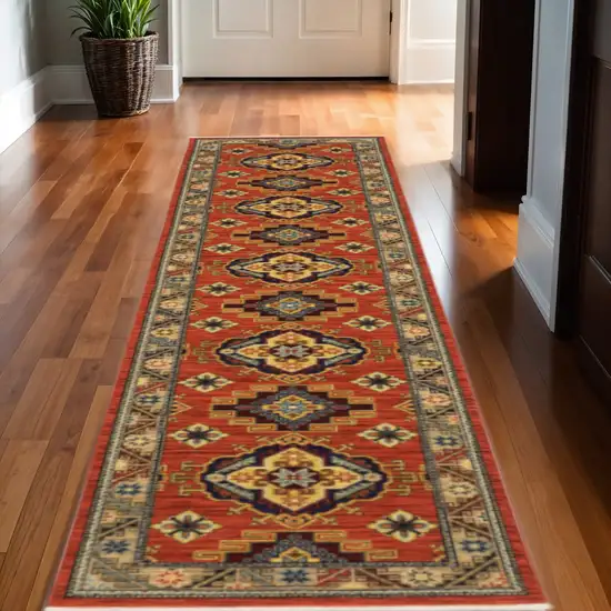 12' Red Gold Blue Brown Oriental Power Loom Runner Rug With Fringe Photo 1