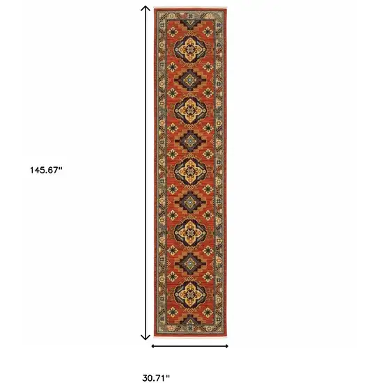 12' Red Gold Blue Brown Oriental Power Loom Runner Rug With Fringe Photo 7