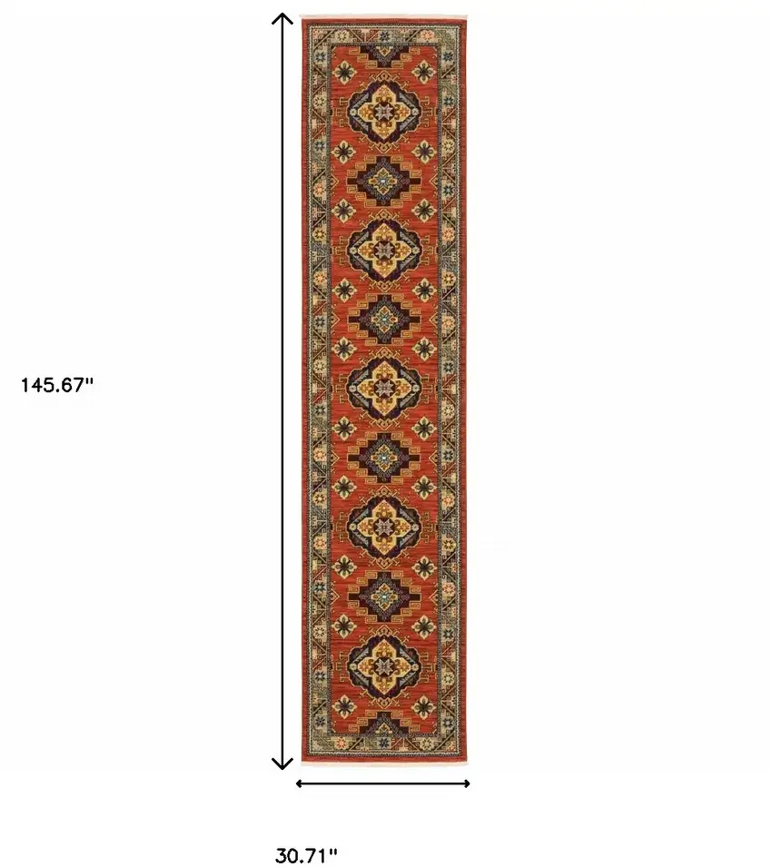 12' Red Gold Blue Brown Oriental Power Loom Runner Rug With Fringe Photo 7