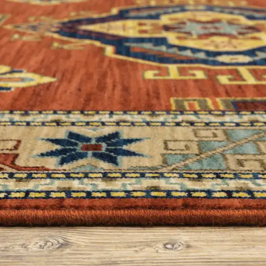 12' Red Gold Blue Brown Oriental Power Loom Runner Rug With Fringe Photo 3